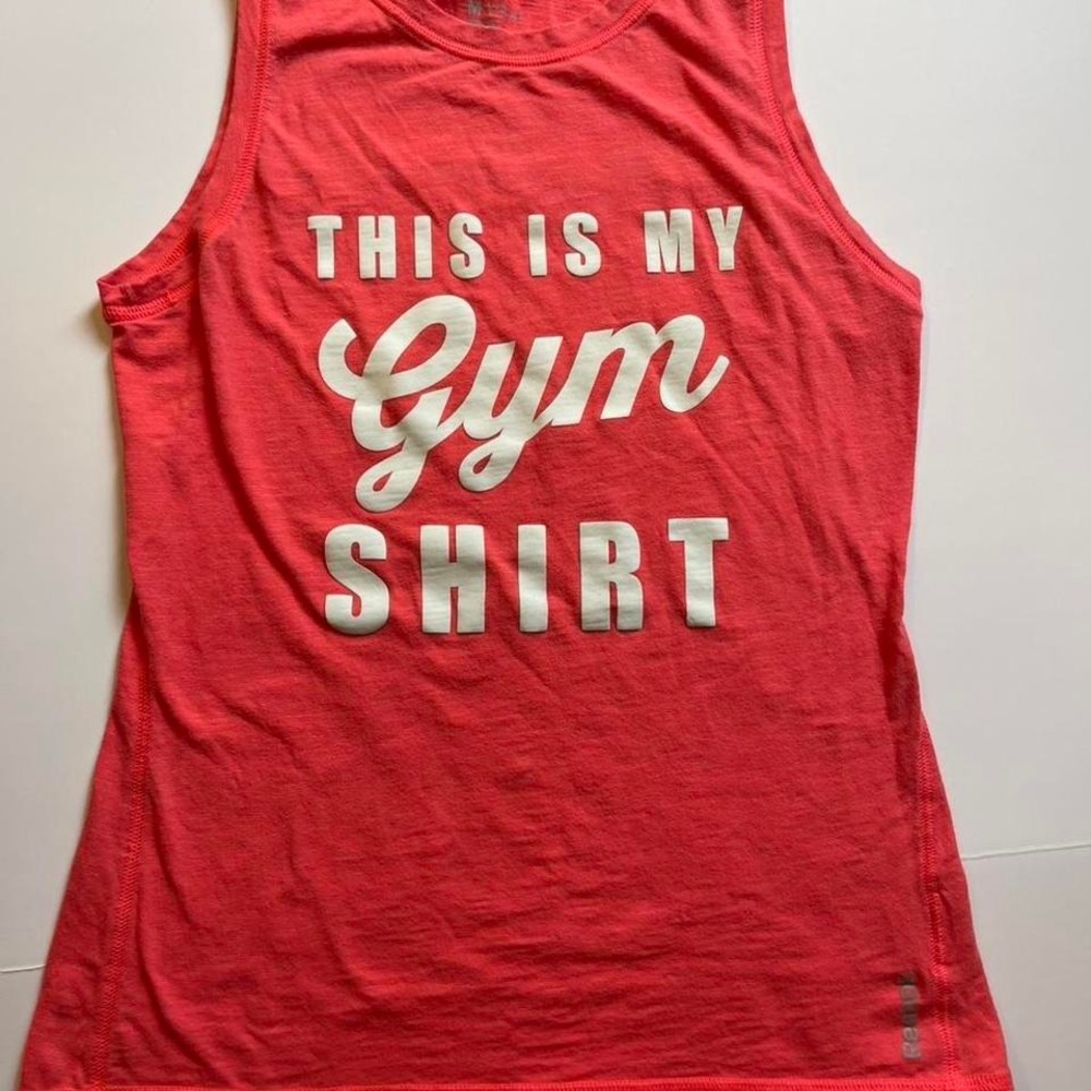 Reebok orange and white gym tank top "This is my gym shirt" W/Med novelty Tee